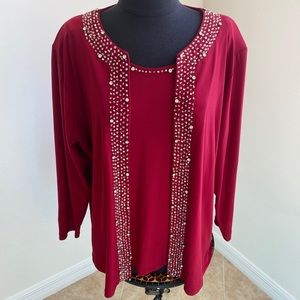 2 Piece Deep Red Sweater Jacket & Matching Tank Top Evening Wear Moda Verona 3XL